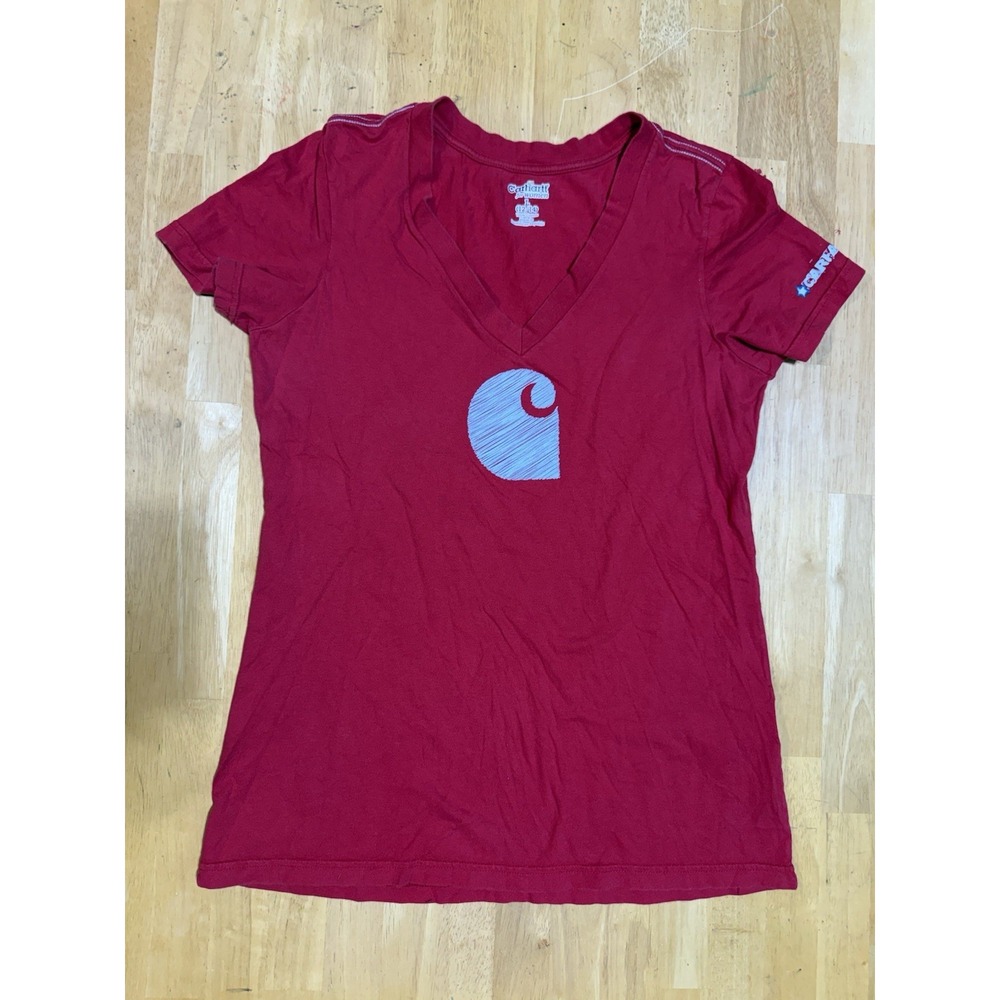 Carhartt Womens L 12/14 Red V Neck T Shirt Big Logo Graphic 2011 WK077